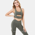 Hot Spandex Yoga Set Crop Outfit Gym Running Sportswear Front Cross Leggings Active Wear With Pockets